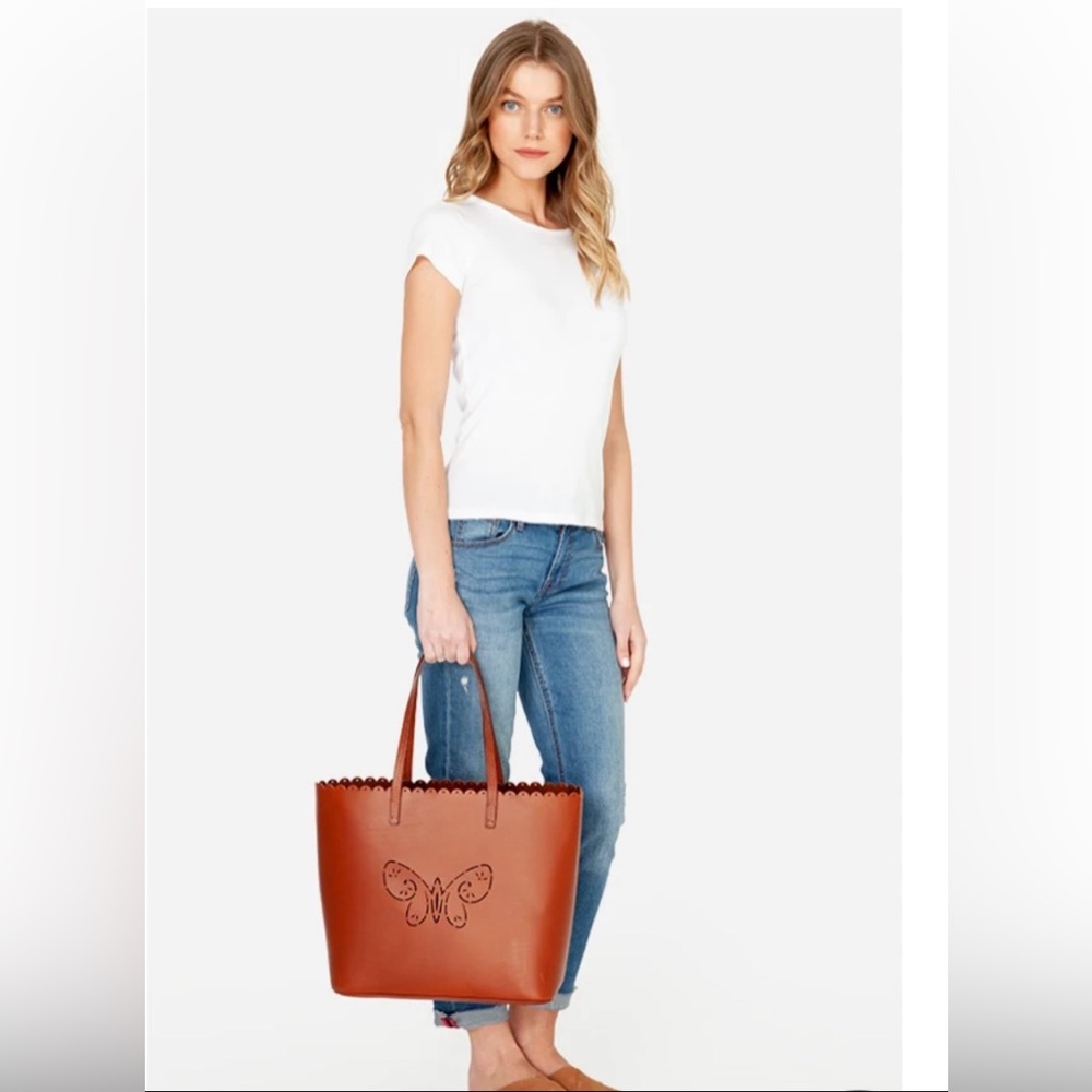 Johnny Was Butterfly Perforated Leather Tippi Tote Cognac NWT Italy 495$